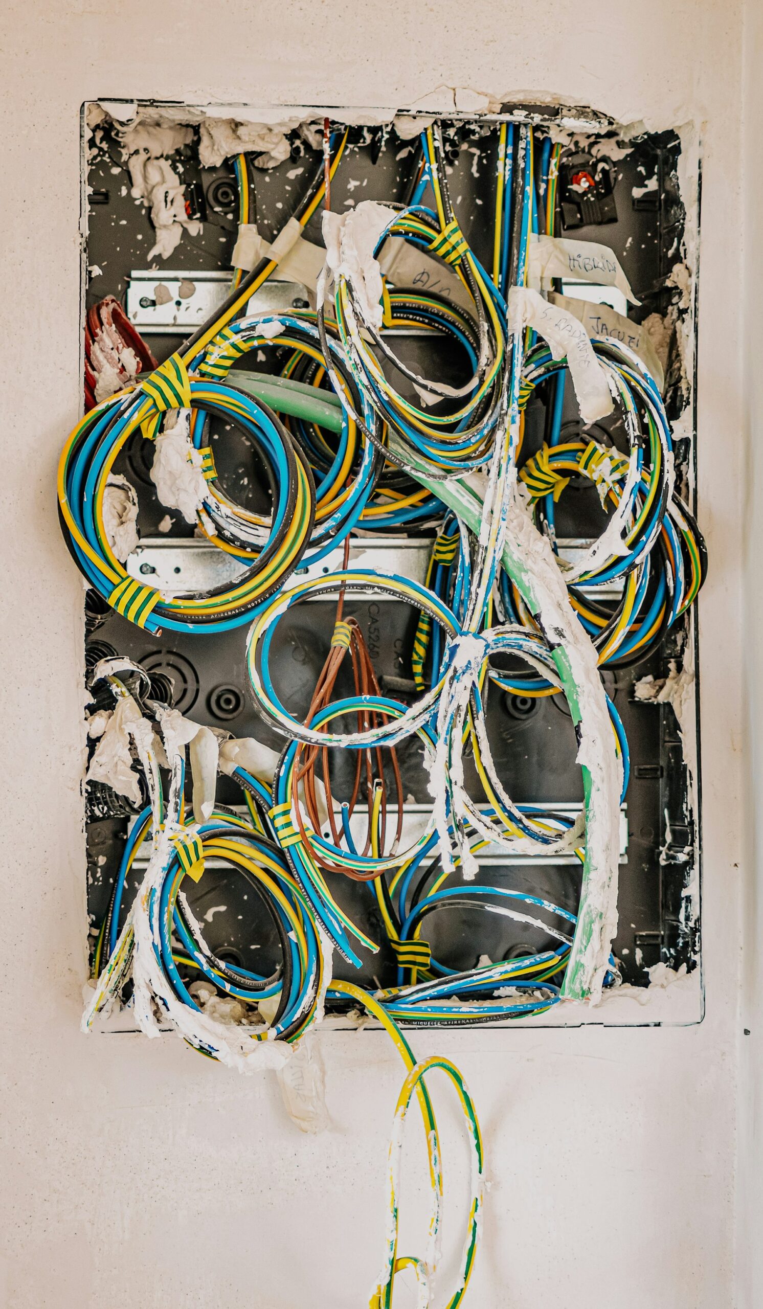 Yellow, blue and black insulated electrical wires